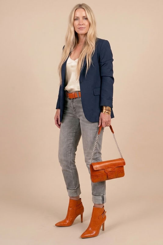 Dress ankle boots back buckles in apricot orange leather with high slim heels and tapered toe - Top view